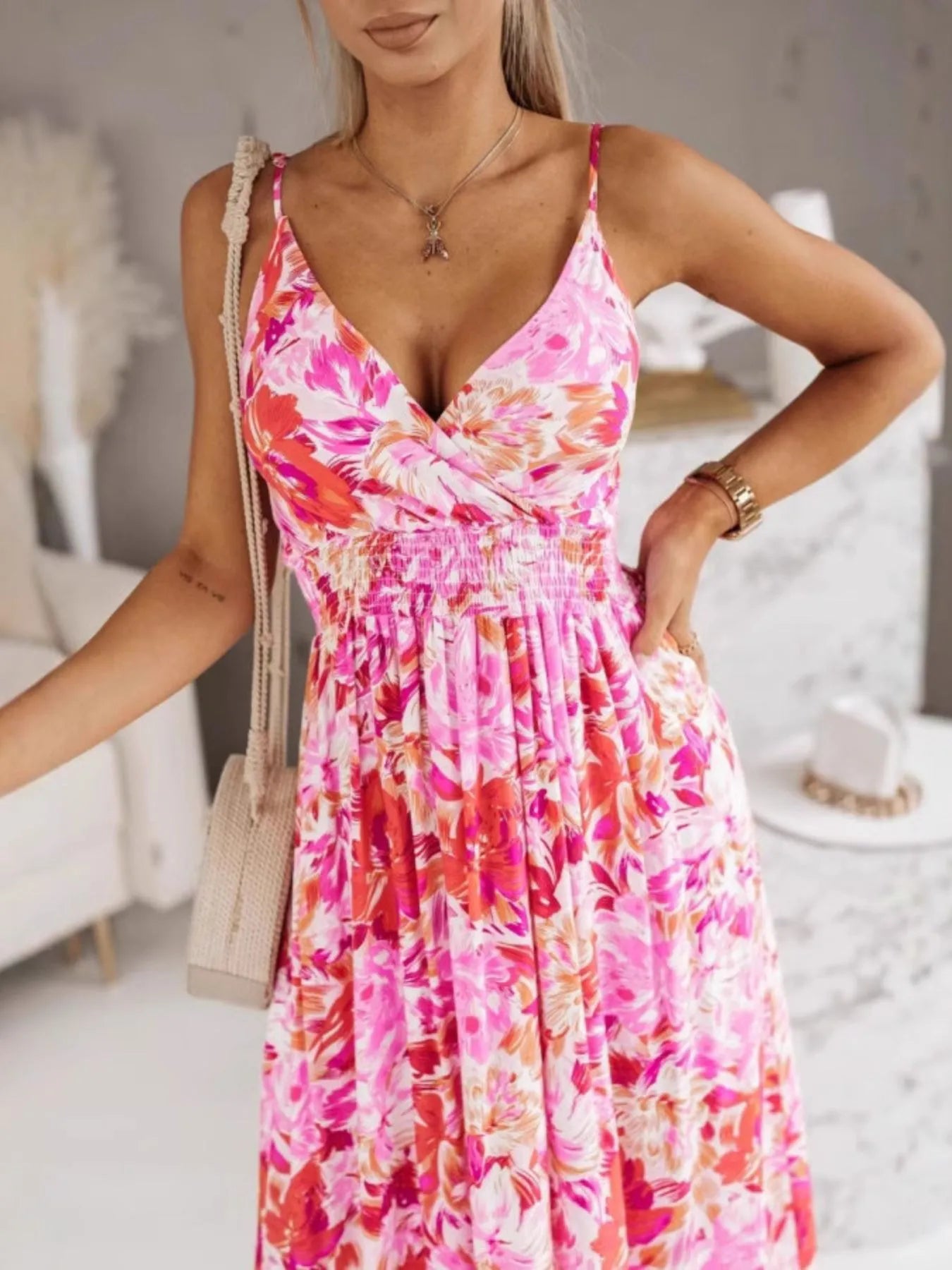 Printed Spaghetti Strap Maxi Dress - Pink
