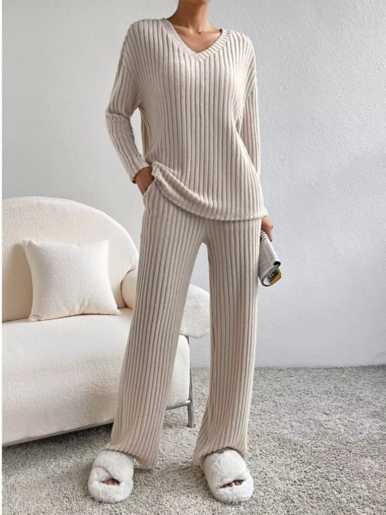 Ribbed Knit V-Neck Top and Pants Set -