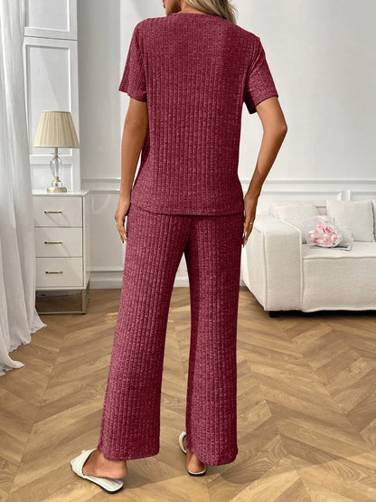 Ribbed Knit Short Sleeve Top and Pants Lounge Set -