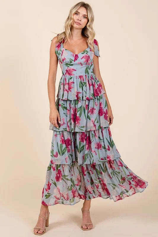 Layered Floral Sweetheart Neck Maxi Dress - Dusty Blue