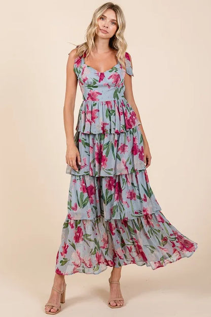 Layered Floral Sweetheart Neck Maxi Dress - Dusty Blue