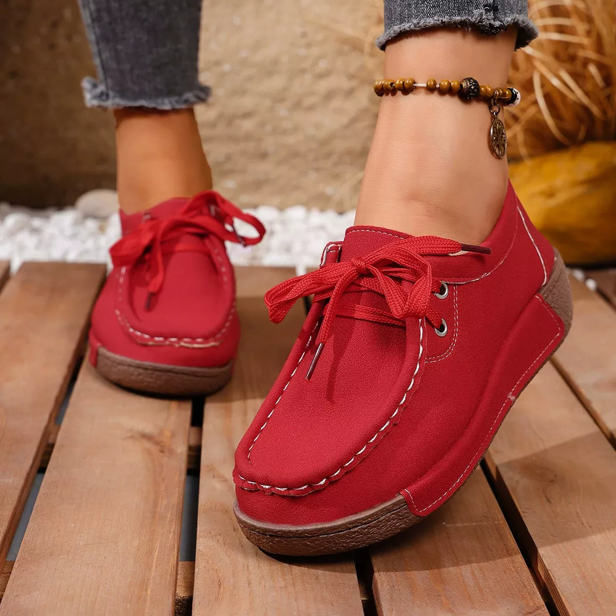 Lace-Up Casual Loafers - Red