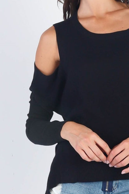 UNIQ Cold Shoulder Long Sleeve Knit Top - Black