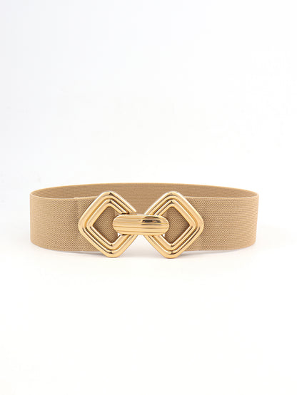 Geometric Buckle Elastic Wide Belt - Khaki One Size