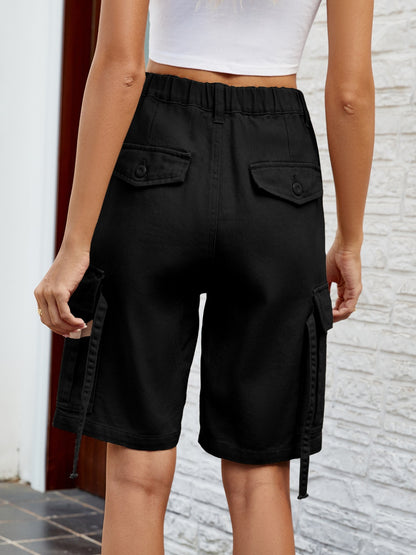 High Waist Denim Shorts with Pockets - Black