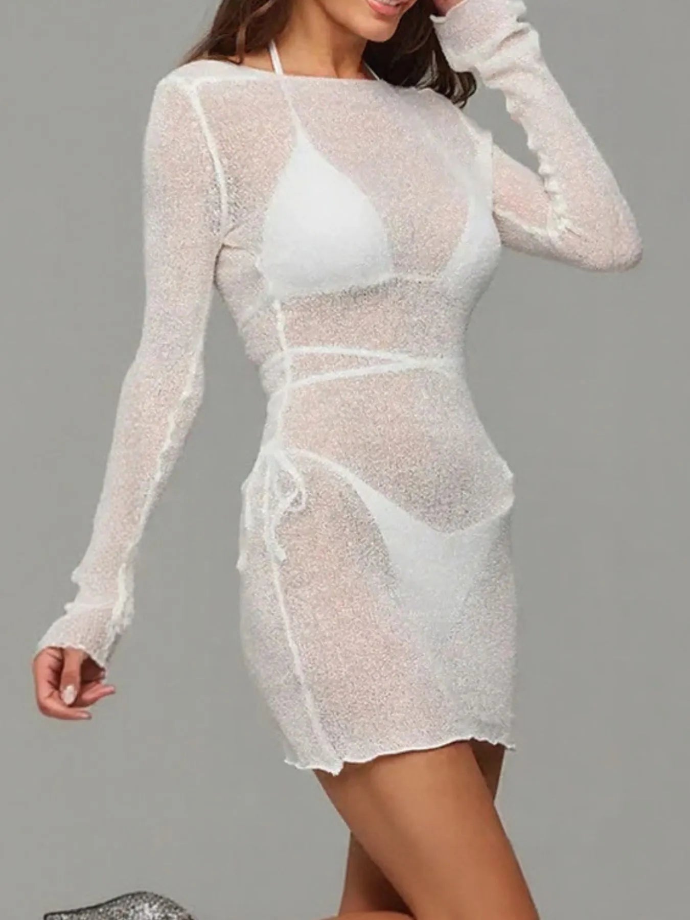 Sheer Backless Long Sleeve Mini Cover-Up Dress -