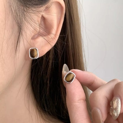 Square Tiger Eye Stud Earrings - Silver One Size