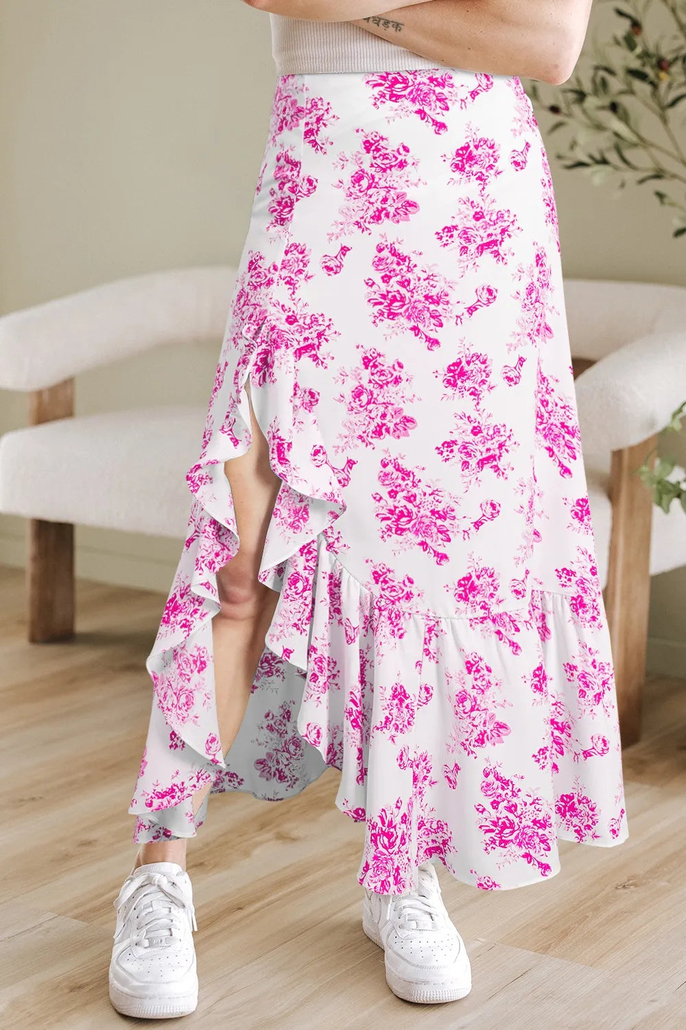 Boho Floral High Waist Ruffle Split Maxi Skirt -