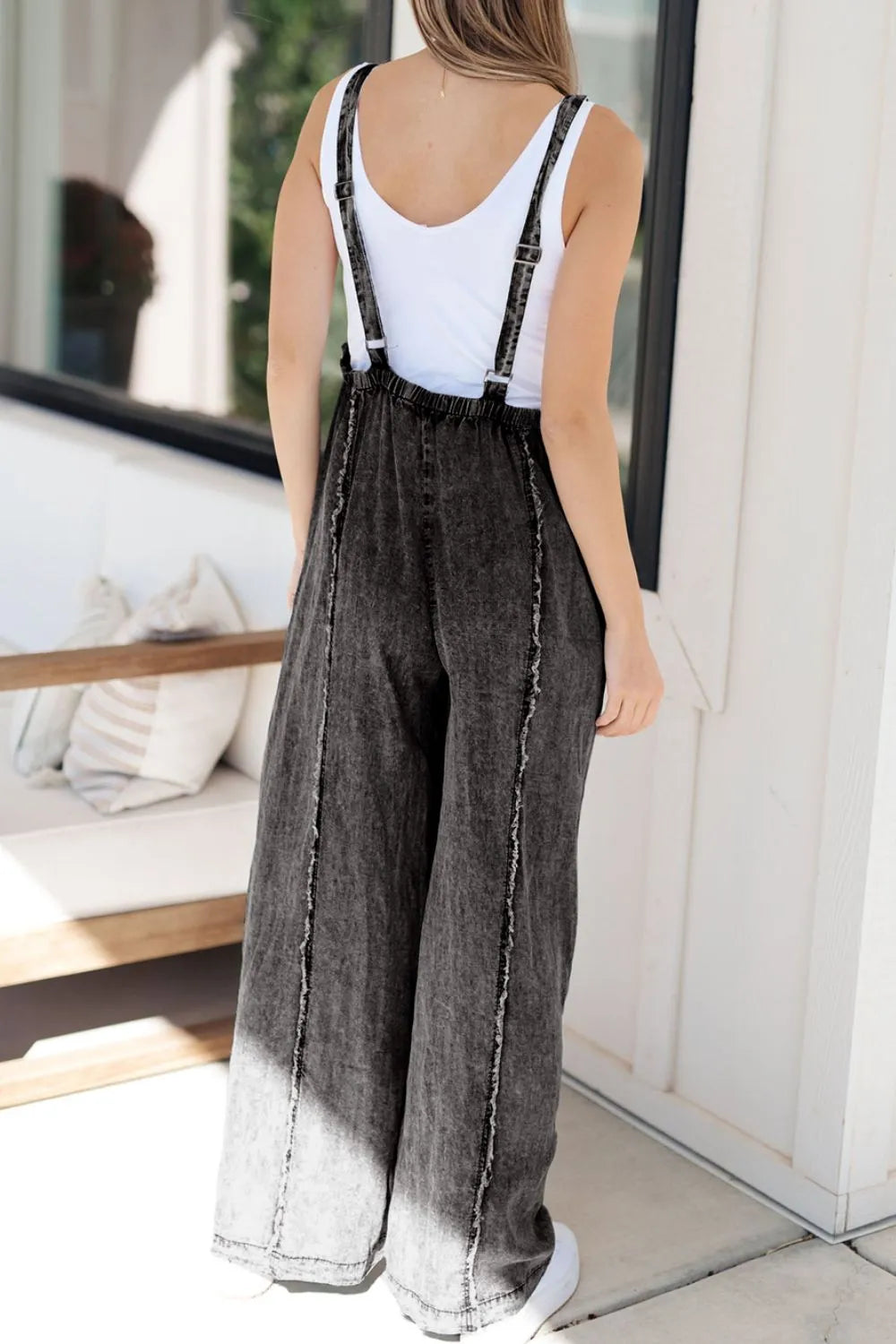 Frayed Wide Leg Denim Overalls -
