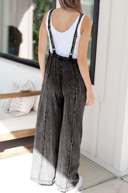 Frayed Wide Leg Denim Overalls -