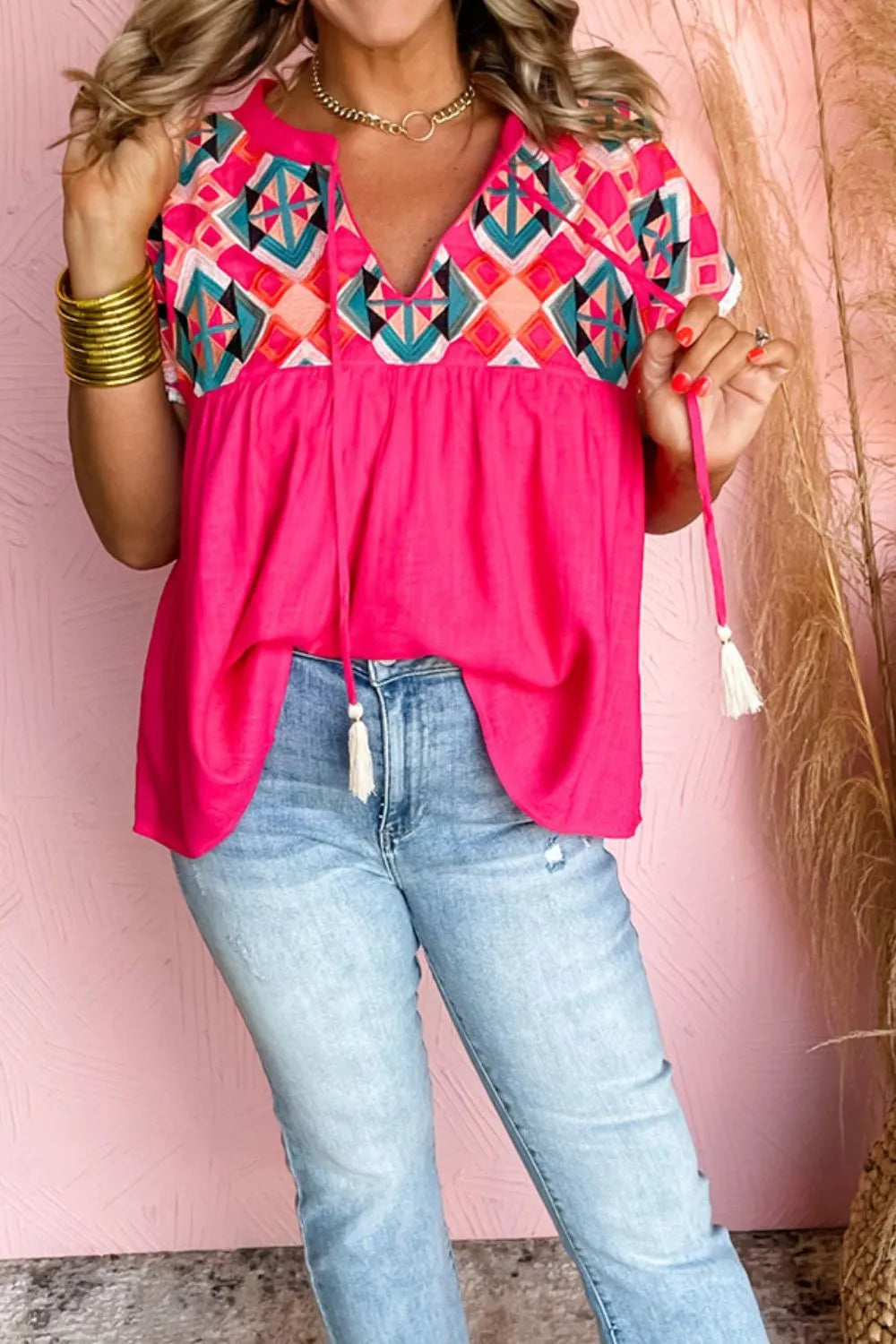 Geometric Embroidered Tassel Tie Neck Blouse -