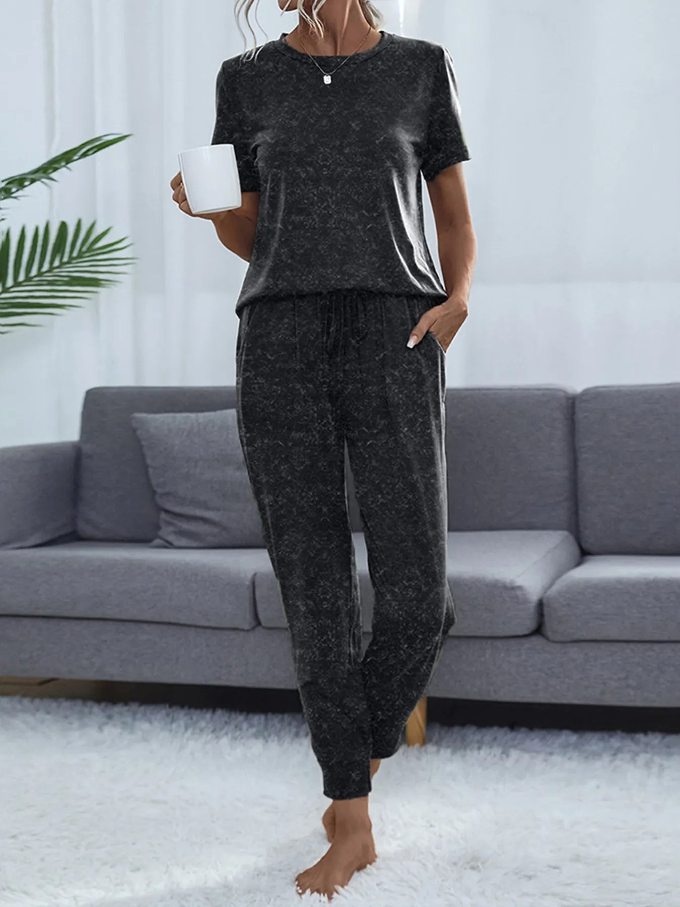 Round Neck Short Sleeve Top and Pants Lounge Set - Black