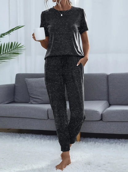 Round Neck Short Sleeve Top and Pants Lounge Set - Black