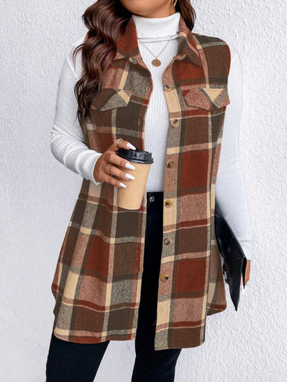 Plus Size Pocketed Plaid Button Up Vest Coat - Brown