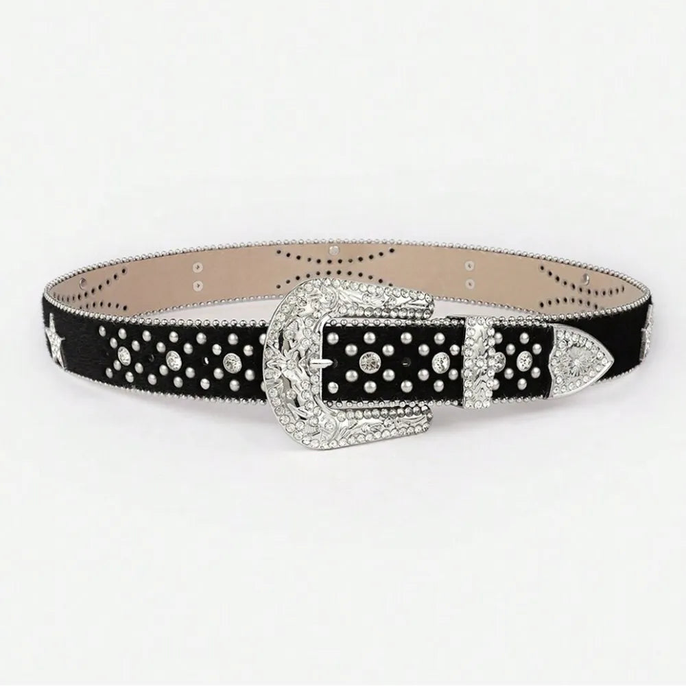 PU Leather Inlaid Rhinestone Belt -