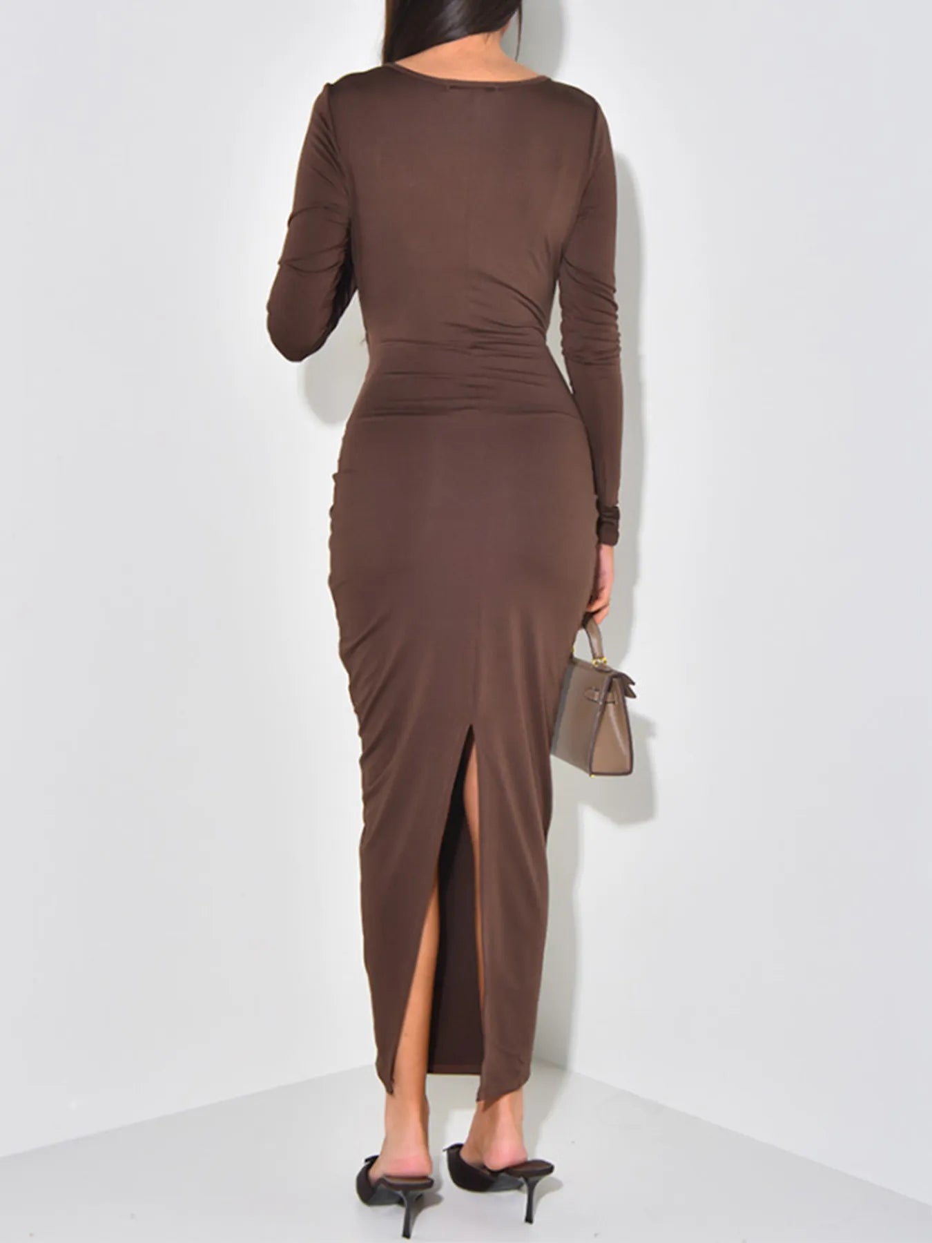Long Sleeve Tie-Front Bodycon Maxi Dress -
