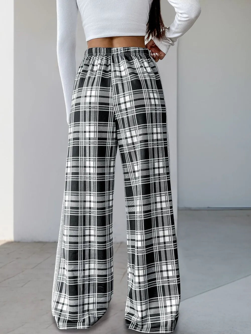 Drawstring Plaid Wide Leg Pants -
