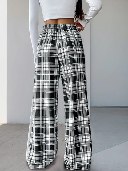 Drawstring Plaid Wide Leg Pants -