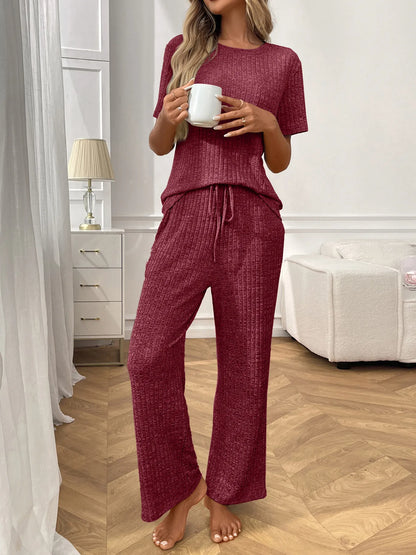 Ribbed Knit Short Sleeve Top and Pants Lounge Set - Wine Red