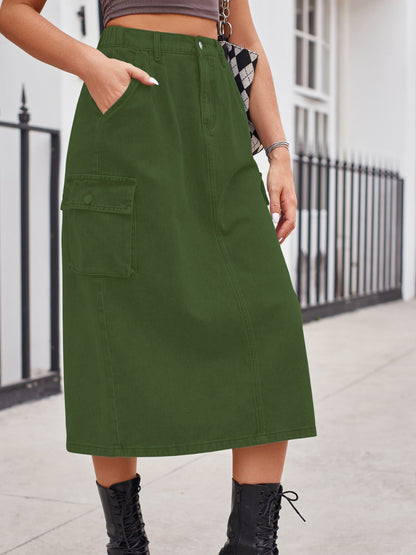 Slit Buttoned Denim Skirt with Pockets - Army Green