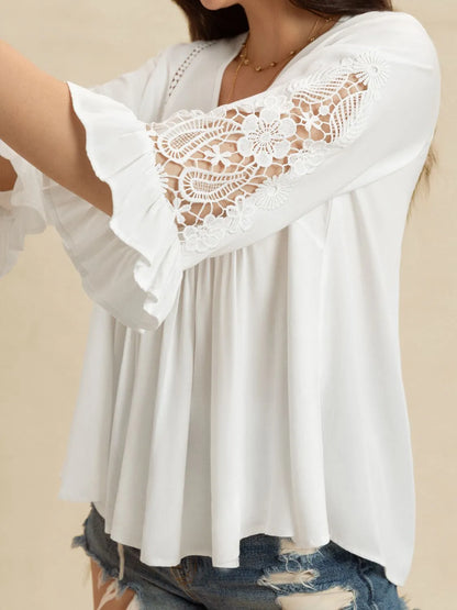 V-Neck Lace Flounce Sleeve Top - White