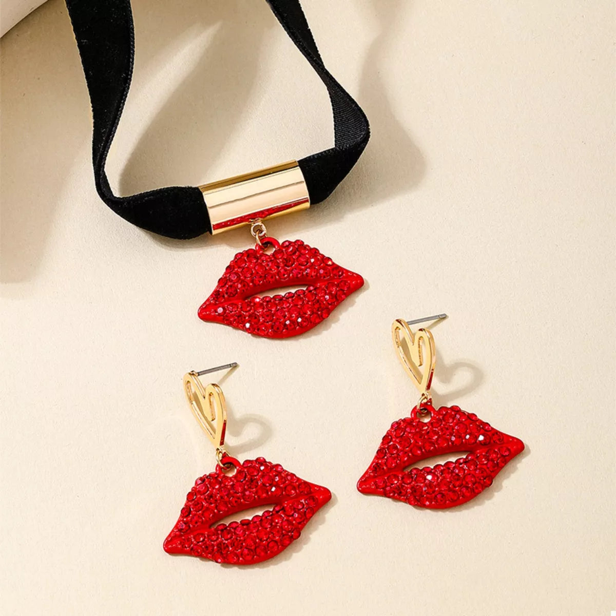 Rhinestone Lip Earrings and Necklace Jewelry Set -