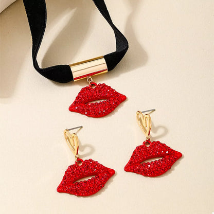 Rhinestone Lip Earrings and Necklace Jewelry Set -