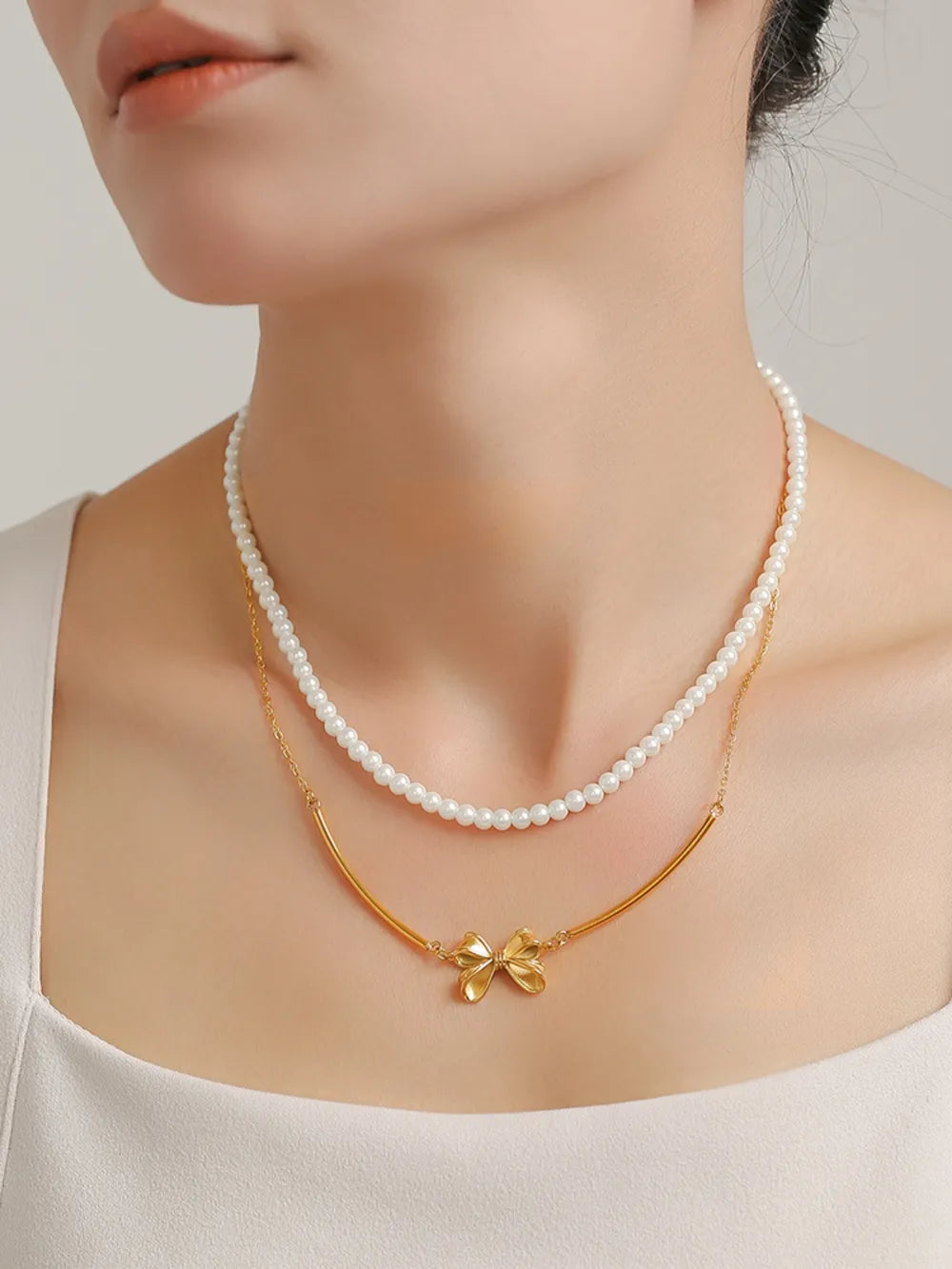 Pearl Necklace, Bow Necklace and Stud Earrings Jewelry Set -
