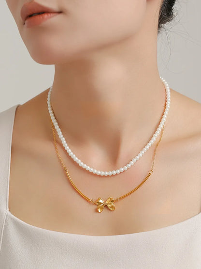 Pearl Necklace, Bow Necklace and Stud Earrings Jewelry Set -