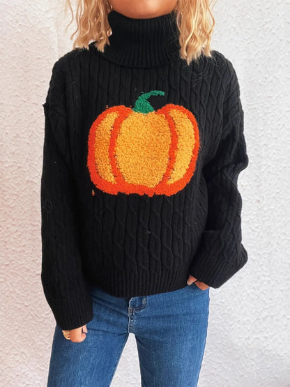 Pumpkin Turtleneck Long Sleeve Sweater - Black One Size