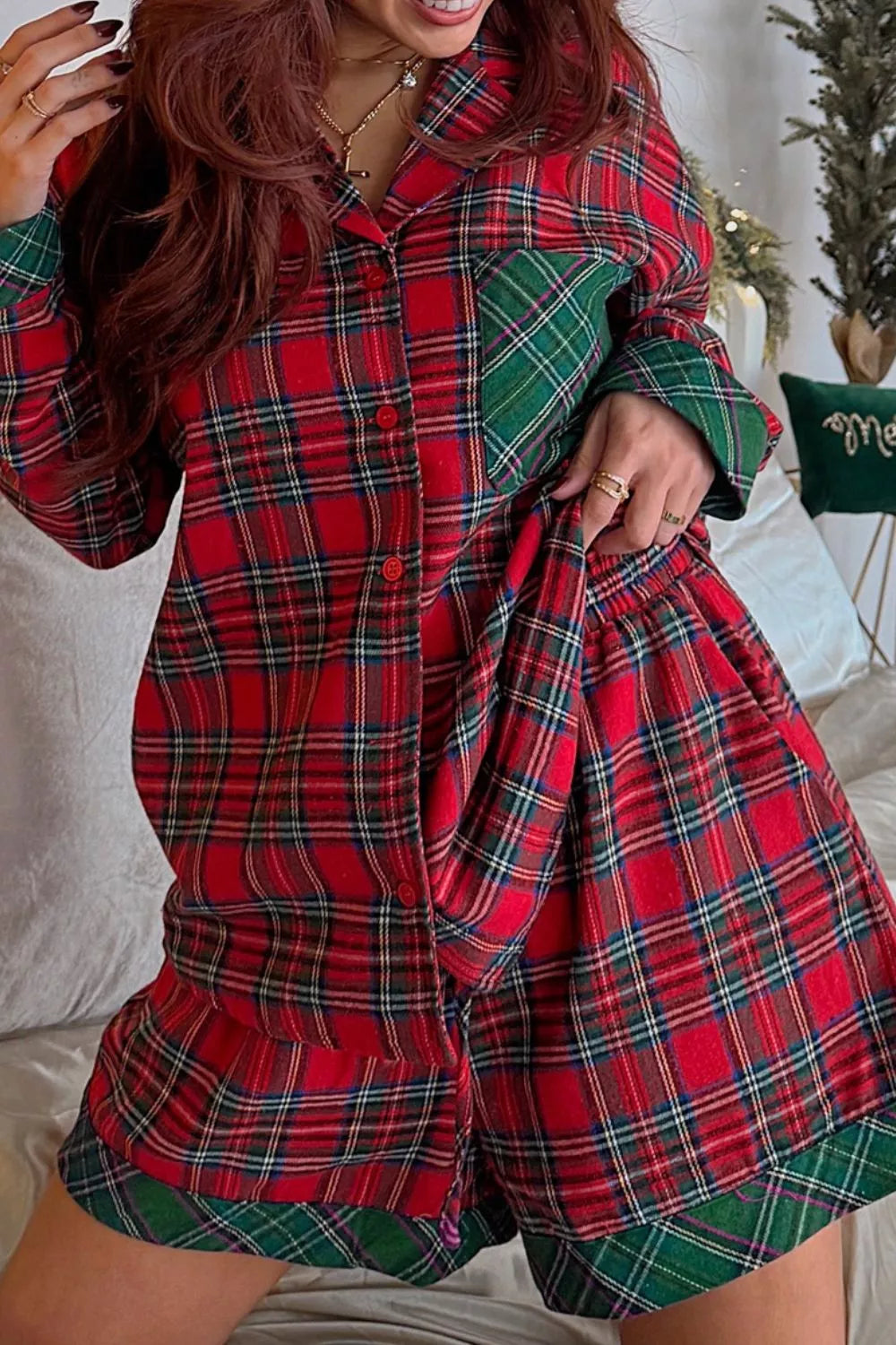 Plaid Patched Long Sleeve Shirt and Shorts Pajama Set -