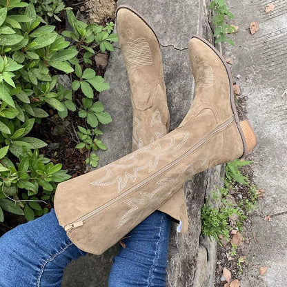 Point Toe Block Heels Boots - Khaki