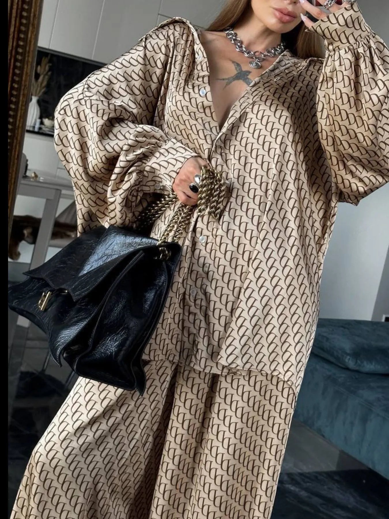 Printed Button Up Shirt and Pants Set - Khaki