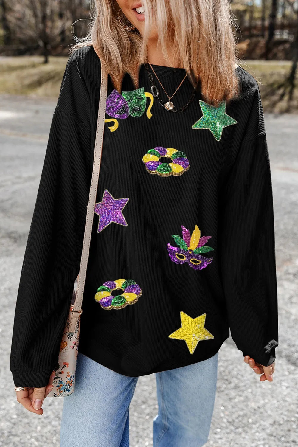 Sequin Round Neck Long Sleeve Sweatshirt -