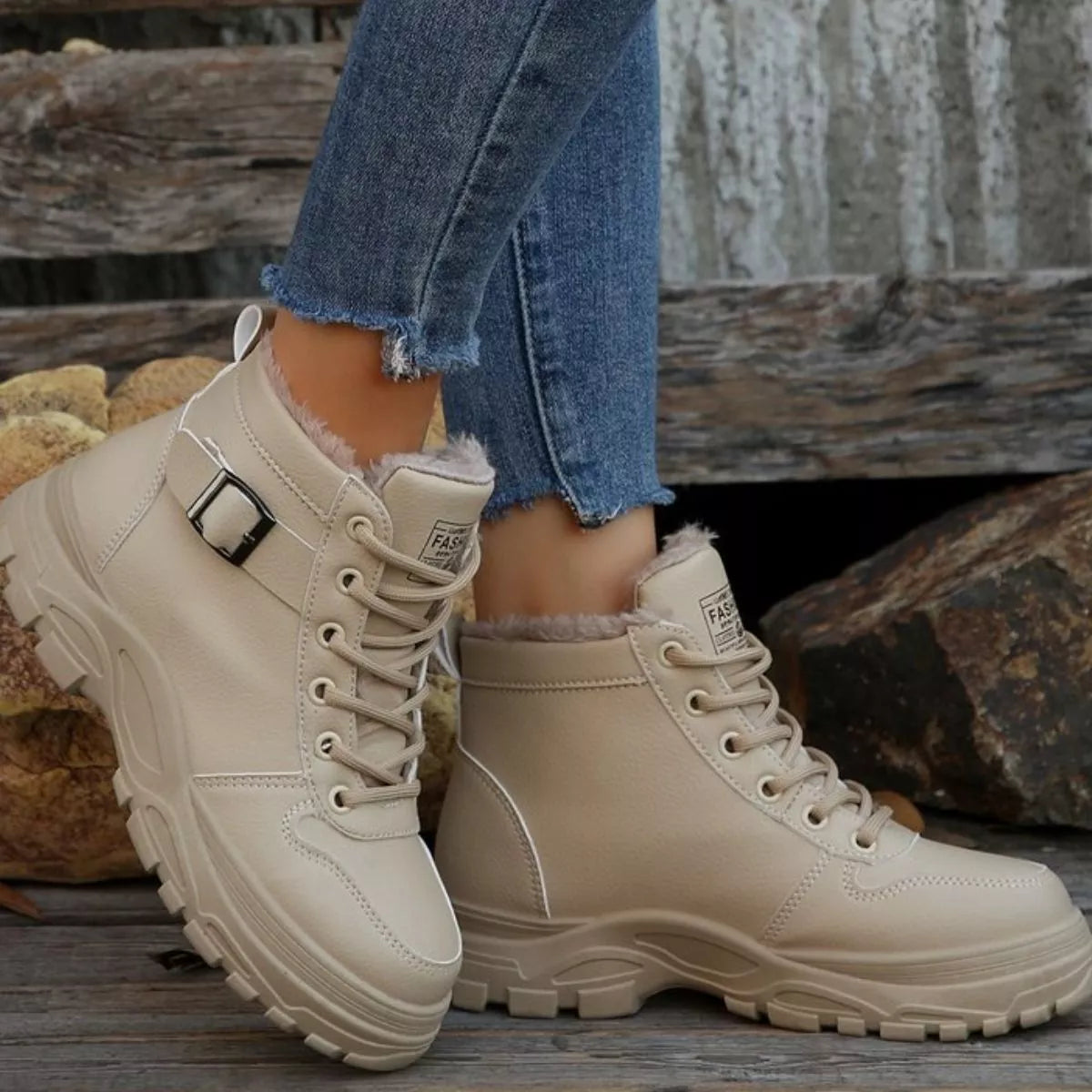 Warm Lined Ankle Boots with Buckle Detail - Beige