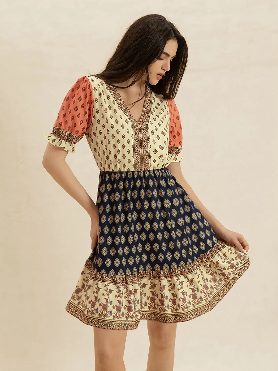 Printed V-Neck Short Sleeve Dress - Tan