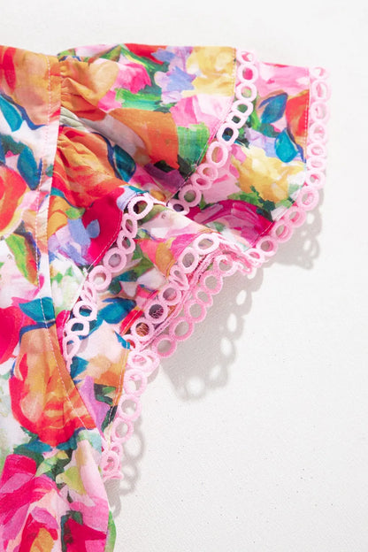 Lace Trim Ruffle Cap Sleeve Floral Blouse -