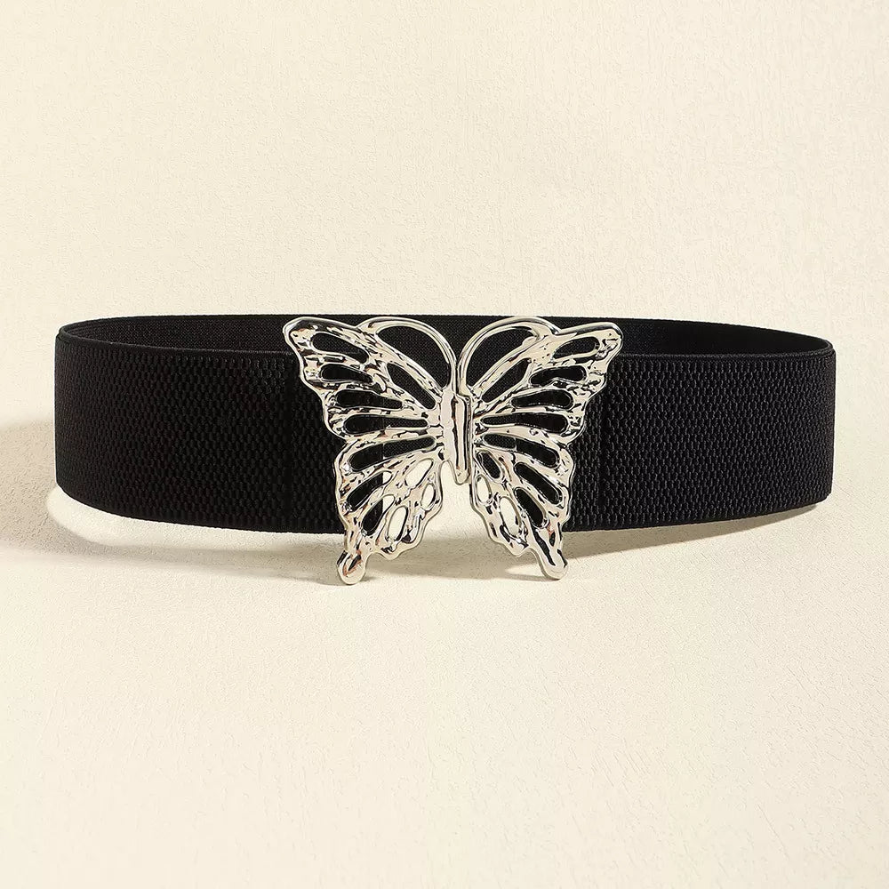 Butterfly Alloy Buckle Elastic Belt - Black One Size