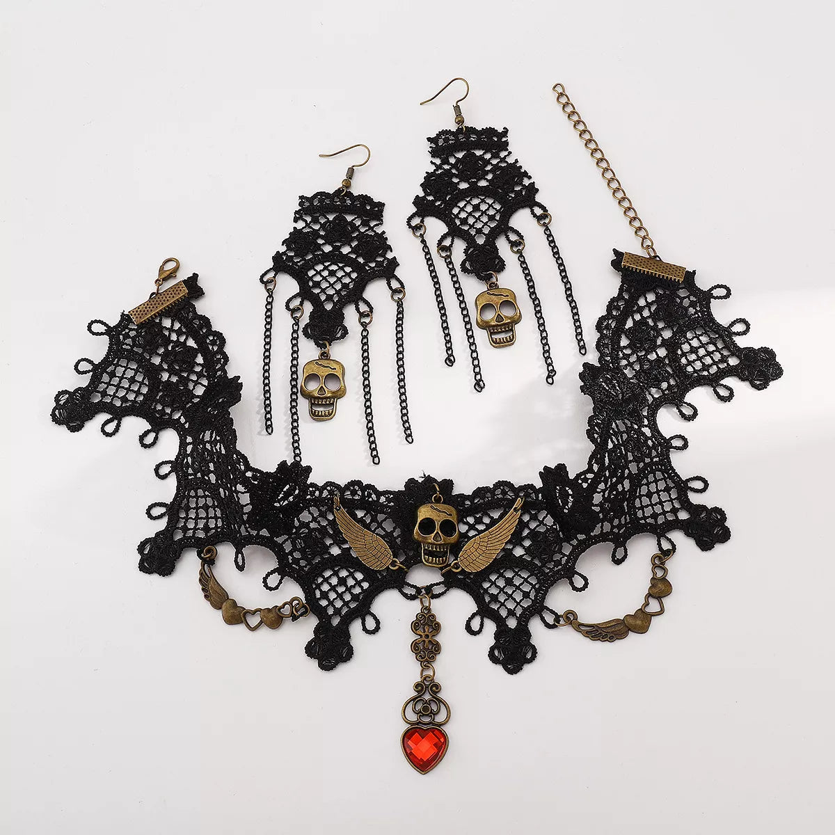 Lace Skull Necklace and Earrings Jewelry Set -