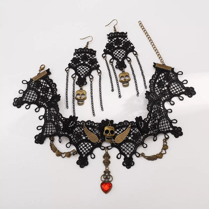 Lace Skull Necklace and Earrings Jewelry Set -