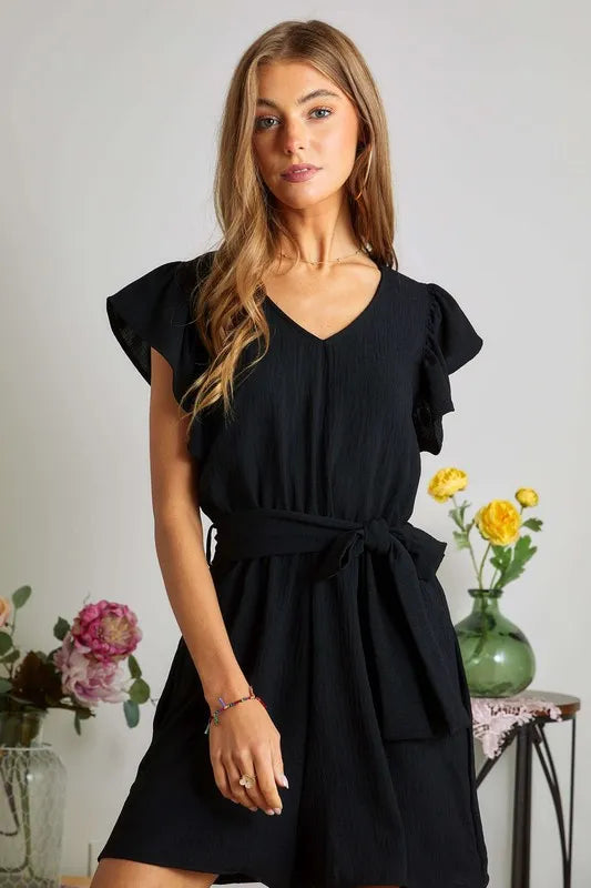 Ruffle Sleeves Romper - Black