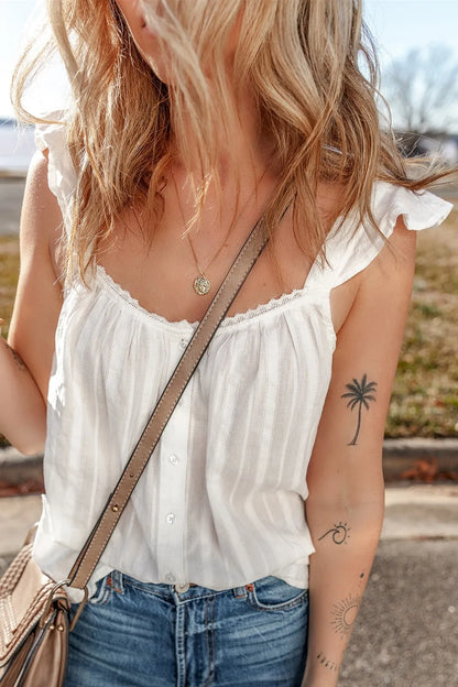 Lace Detail Buttoned Loose Fit Tank Top -