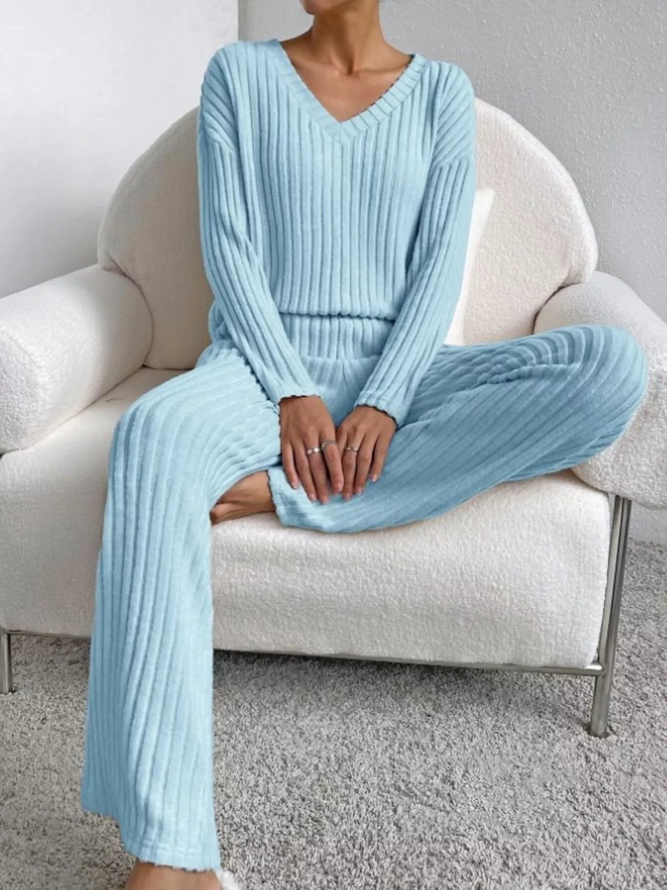 Ribbed Knit V-Neck Top and Pants Set - Blue