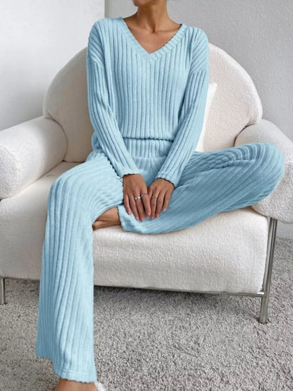 Ribbed Knit V-Neck Top and Pants Set - Blue
