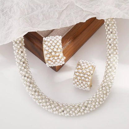 Pearl Embellished Earrings and Necklace Jewelry Set - Style B One Size