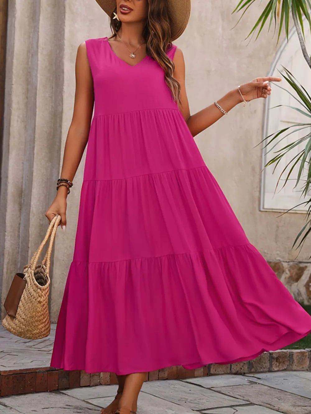 Tiered V-Neck Sleeveless Dress -