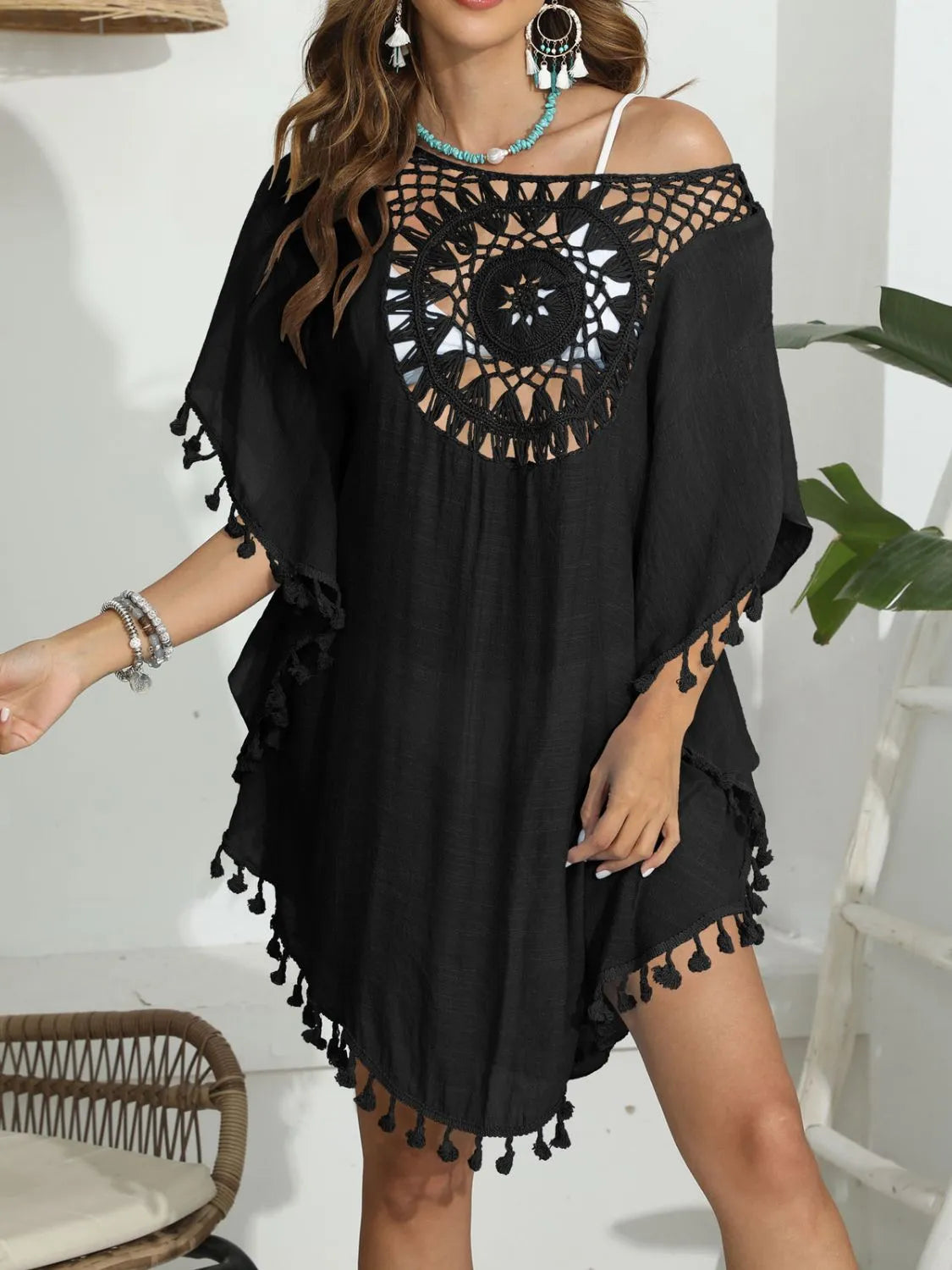 Tassel Crochet Round Neck Cover-Up - Black One Size