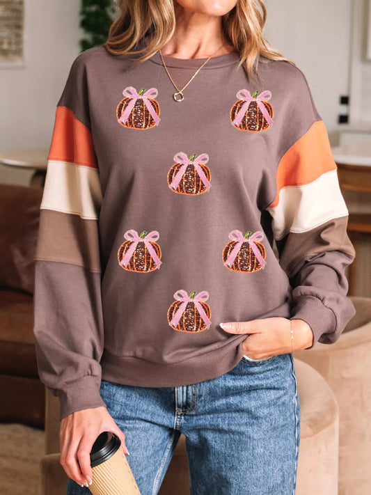 Sequin Bow Pumpkin Round Neck Sweatshirt - Taupe