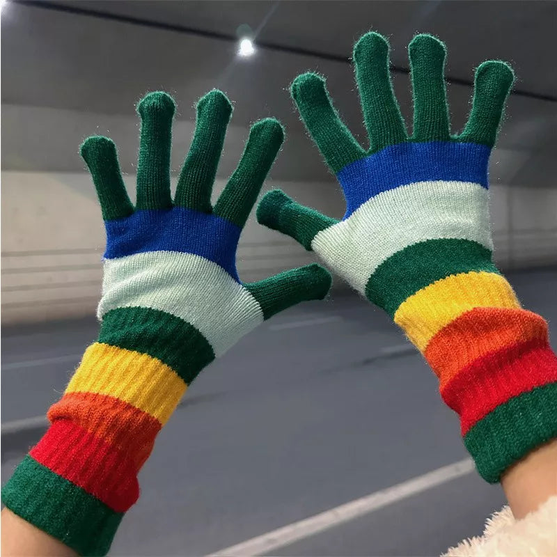Colorful Striped Knitted Gloves - Green One Size