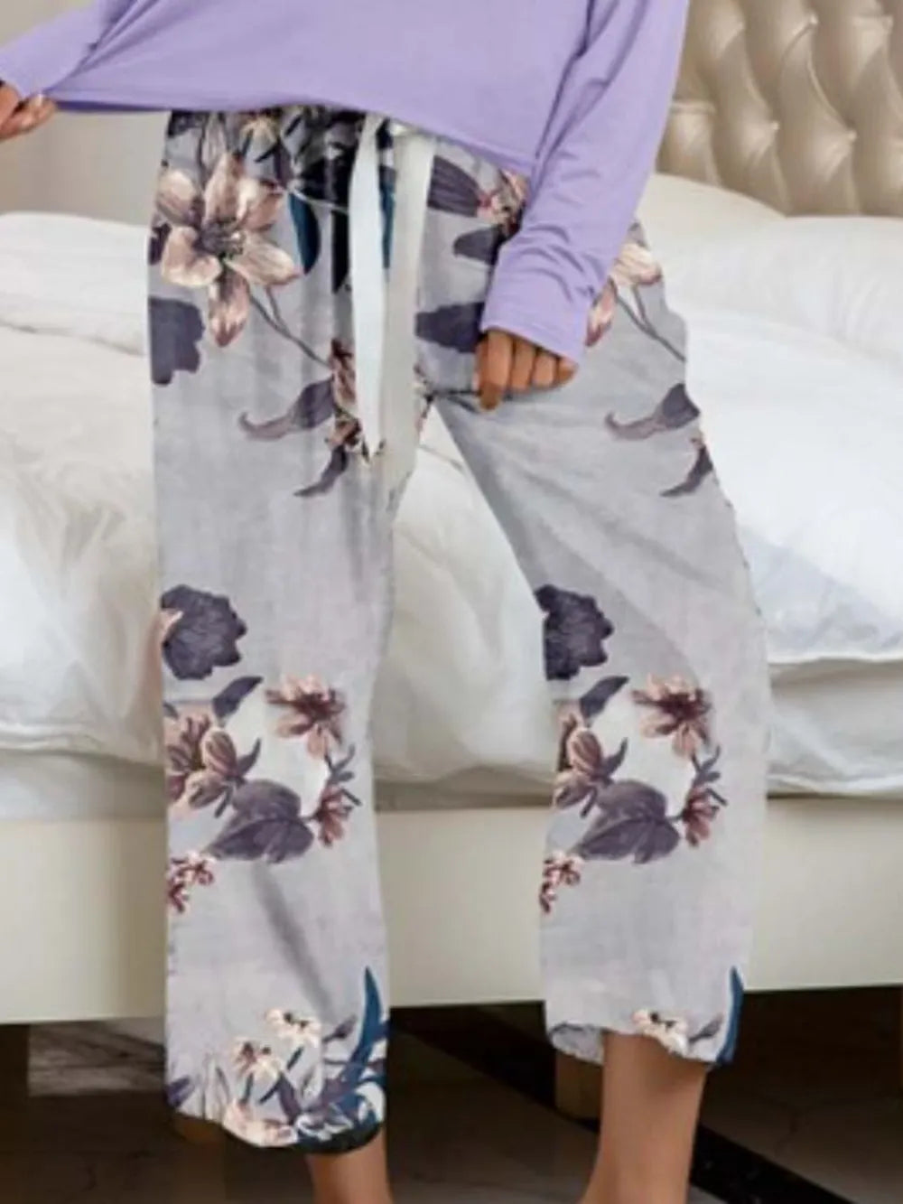 Round Neck Top and Printed Pants Lounge Set -